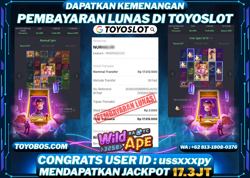 TOYOSLOT - BUKTI KEMENANGAN JACKPOT Wild Ape Rp17,315,000,- LUNAS